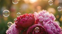 Blooming peonies in shades of pink and red with floating soap bubbles and soft bokeh background, suitable for spring and garden themes.