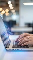 Hands typing on laptop with digital data streams and light effects in modern office environment for technology and business concepts.
