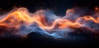 Cosmic nebula with vibrant orange and blue gas clouds swirling against dark space background, creating dramatic celestial formation with glowing stellar dust.