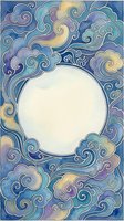 Watercolor frame with traditional Asian cloud motifs in blue, purple, and gold tones, featuring a round empty center for text or design.