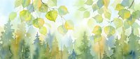 Watercolor forest landscape with birch leaves and pine trees in soft green and yellow tones, evoking a peaceful nature scene for prints and decor.