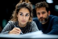 Young Caucasian woman in gray sweater focused on work while male colleague observes in background. Professional office setting with dramatic lighting creates modern workplace scene.