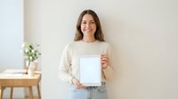 Young woman with long brown hair and fair complexion holding blank clipboard against white wall, wearing casual cream sweater. For mockup, branding, marketing materials.