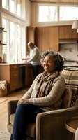 Happy mature African American woman relaxing in modern kitchen while husband cooks in background, warm natural lighting creates cozy domestic atmosphere.