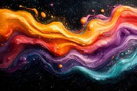 Vibrant fluid art with flowing waves in orange, red, purple and turquoise colors against black background with glowing particles creates cosmic abstract pattern.