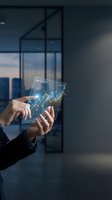Businessman using transparent tablet with holographic financial data charts and graphs in modern office environment for business analytics and technology.