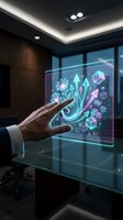 Businessman with dark skin tone interacting with holographic display showing growth charts, arrows, and financial symbols in modern office setting with neon lighting.