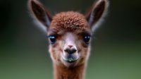 Close up portrait of young brown alpaca cria with bright blue eyes and fuzzy fur against blurred green background, showing curious expression and distinctive features.