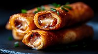 Golden crispy spring rolls filled with melted cheese and ham, served hot with fresh herbs garnish on dark slate surface for restaurant menu photography.