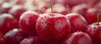 Fresh ripe red cherries with water drops in macro view, selective focus on single cherry against blurred background of multiple fruits.