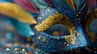 Ornate carnival mask with golden details and colorful feathers for masquerade ball celebration and festive party decoration.