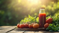 Fresh tomato juice in glass bottle with ripe tomatoes and green herbs on rustic wooden table in garden, sunlight background for healthy food concept.