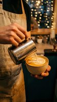 Barista in linen apron pouring steamed milk into latte art cup at cozy cafe with bokeh lights in background.