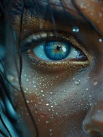 Striking blue eye with water droplets and golden glitter makeup in dramatic close-up, surrounded by dark strands of wet hair against turquoise lighting.