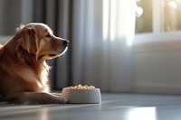 Golden retriever dog lying near food bowl in sunlit room with soft window light creating cozy atmosphere. Pet waiting patiently for mealtime.