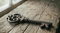 Antique rusty skeleton key resting on weathered wooden surface near window, evoking mystery, history, and vintage charm.