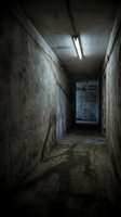 Dark, narrow concrete corridor with fluorescent ceiling lights illuminating weathered walls and dusty floor. Abandoned underground passage or basement tunnel with industrial atmosphere, suitable for horror, thriller, or suspense projects.