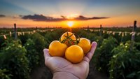 Fresh ripe tomatoes held in farmer hand at sunset in agricultural field with vineyard rows. Organic farming harvest concept for healthy food production.