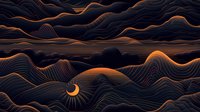 Abstract digital landscape with glowing orange wireframe mountains against dark background, crescent moon illuminating wavy topographic lines, perfect for modern tech designs.