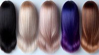 Long straight wigs in trendy colors: black, platinum blonde, rose gold, purple and auburn brown arranged in row showing different hair dye options.