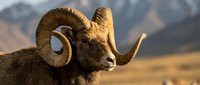Majestic bighorn sheep ram with curved horns in golden sunlight against mountain landscape backdrop for wildlife and nature projects.