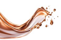 Metallic copper liquid splash wave with dynamic droplets flowing on white background, abstract fluid motion design element for luxury cosmetics packaging.