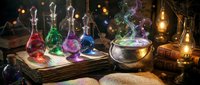 Magical alchemy laboratory with colorful potion bottles, glowing elixirs, ancient spellbooks and mystical brewing equipment for fantasy gaming content.
