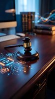 Wooden gavel on digital tablet with glowing circuit patterns in modern law office representing cyber law, technology legislation and digital justice concepts.
