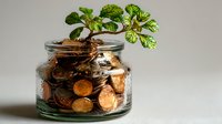 Glass jar filled with copper coins and green plant growing from top symbolizing financial growth and investment savings concept for business planning.