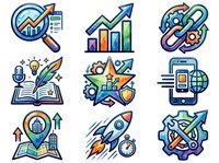 Colorful analytics and business growth icons set featuring charts, graphs, upward arrows, gears, rocket, smartphone, and location pin symbols for startup and financial success projects.