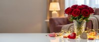 Elegant red roses bouquet in crystal vase on white table with romantic candles and chocolates in cozy living room interior for Valentine's Day celebration.