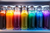 Colorful glass bottles with rainbow colored drinks arranged in spectrum order on illuminated shelf. Fresh juices or smoothies in modern presentation for healthy lifestyle.