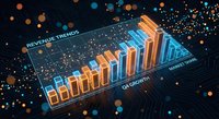 Futuristic holographic business chart displaying revenue trends and market data with glowing bars on dark digital background for financial presentations.