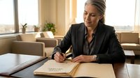Professional mature blonde businesswoman signing important documents at modern office desk with natural lighting and plants in background.