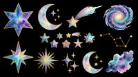 Celestial night sky elements with watercolor stars, moons, and galaxies isolated on transparent background. Ready for t-shirt designs, stickers, clipart, sublimation, print-on-demand products, and digital crafts.