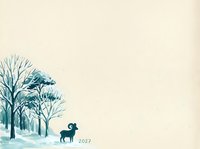 Silhouette of a goat standing in snowy winter landscape with bare trees, isolated on cream background, suitable for greeting cards, calendars, and seasonal design projects.