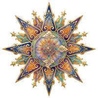 Ornate star mandala with intricate gold filigree, jewel tones, and central sun motif on isolated white background. Perfect for design projects.