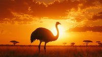 Silhouette of ostrich standing in African savanna grassland against dramatic orange sunset sky with acacia trees on horizon and glowing sun.