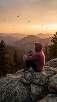 Young man in purple hoodie sitting on mountain rocks watching sunset over layered peaks with birds flying overhead in golden hour light.