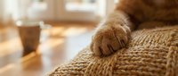 Fluffy ginger cat paw resting on a cozy knitted blanket in warm sunlight, with a blurred cup in the background, creating a calm home atmosphere.
