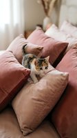 Calico kitten sitting among pink and burgundy pillows on a bed in a bright bedroom with natural light from window.