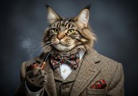 Anthropomorphic tabby cat wearing formal tweed suit with bow tie and pocket square, adjusting necktie against dark studio background. Humorous animal character portrait for creative projects.