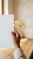 Hand of a man with medium-dark skin tone holding a blank white card against a warm, neutral background with dried pampas grass. Suitable for branding, invitations, and marketing materials.