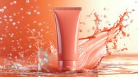 Coral-colored cosmetic tube with dynamic water splash and droplets against peach background, showcasing skincare product in motion with liquid elements.