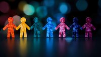 Colorful paper cutout figures holding hands in rainbow order against dark background with bokeh lights, representing unity, diversity and inclusion in community.