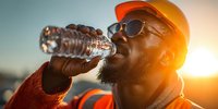 African American construction worker in safety gear drinking water from bottle during sunset break on job site for hydration and workplace safety.