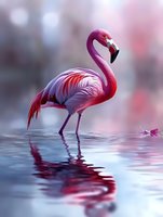 Pink flamingo standing in calm water with reflection, soft bokeh background in pastel tones. Artistic nature photography with dreamy atmosphere.