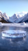 Transparent ice disk floating on frozen lake surface against snow-capped mountain peaks in winter landscape. Ethereal natural phenomenon creates magical atmosphere.