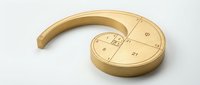 Golden brass pendulum weight with mathematical formulas engraved on surface, isolated on white background for educational and scientific design projects.