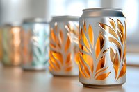Decorative aluminum cans with laser-cut leaf pattern design illuminated from within, creating warm orange glow against silver metal surface in soft focus background.
